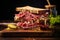 Classic Reuben sandwich, with layers of corned beef, sauerkraut, Swiss cheese