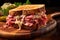 Classic Reuben sandwich, with layers of corned beef, sauerkraut, Swiss cheese