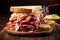 Classic Reuben sandwich, with layers of corned beef, sauerkraut, Swiss cheese