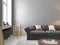 Classic scandinavian gray interior with sofa, table, window, carpet.