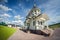 Classic small modern church in Russia. distortion perspective fisheye lens