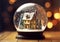 Classic snow globe with christmas house and snow on wooden table.Macro.AI Generative