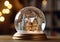 Classic snow globe with christmas house and snow on wooden table.Macro.AI Generative