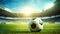 A classic soccer ball, a typical black and white pattern, placed on the turf of a stadium. Traditional soccer ball on a green lawn