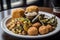 classic southern vegetable plate, with black-eyed peas, fried okra, and cornbread