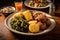 classic southern vegetable plate, with black-eyed peas, fried okra, and cornbread