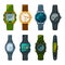 Classic and sport hand watches for men and women. Pictures in cartoon style