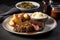 classic steak and potatoes meal, with steak seared off the flame, mashed potatoes on plate, and gravy in bowl