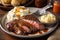 classic steak and potatoes meal, with steak seared off the flame, mashed potatoes on plate, and gravy in bowl