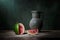 Classic still life with one small green cut watermelon and a jug. Art photography.