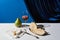 Classic still life with pears, red wine and Camembert cheese on white table near velour curtain isolated on blue