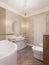 Classic style bathroom with toilet and bidet in beige and yellow