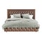 Classic-style bed with brown quilted leather upholstery and gray-white bedding on a white background. 3d rendering