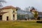 Classic style castle greenhouse with large wooden windows, Romantic baroque chateau in winter day, Libochovice, Litomerice