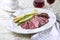 Classic style traditional sirloin beef steak with green asparagus and mashed potatoes on a design plate