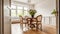 Classic styled wooden dining table with chairs decorated with vase with fresh flowers in spacious light room with white walls and