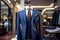 A Classic Suit in blue color in a Clothing Store. Generative AI