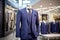 A Classic Suit in blue color in a Clothing Store. Generative AI