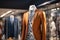 A Classic Suit in tiger color in a Clothing Store. Generative AI