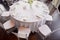 Classic table setting. White tablecloth, glasses, knife and fork. Ease.Round table. Top view