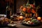 A classic Thanksgiving spread featuring a beautifully roasted turkey accompanied by a glass of wine., Rustic Thankgiving Dinner,
