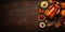 Classic Thanksgiving turkey dinner Top down view side border on a dark wood background 3