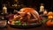 Classic Thanksgiving turkey surrounded by other Thanksgiving dishes on a wooden table, AI-generated.
