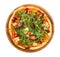 Classic thin pizza with mozarella, tomatoes, tomato sause and arugula on white background