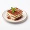 Classic tiramisu dessert on ceramic plate isolated on white background