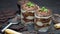 Classic tiramisu dessert in a glass on dark concrete background