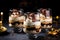 Classic tiramisu dessert in a glass on dark wooden background.