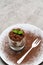 Classic tiramisu dessert in a glass on plate with fork silhouette on concrete background