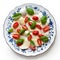 Classic tomato, fresh basil and mozzarella salad. On blue and white ornate plate drizzled with olive oil and black pepper isolate