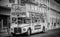 Classic tourist bus in Lisbon in a black and white tone.