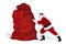 Classic traditional crazy funny santa claus on exhausting delivery service. pushing huge giant big red bag with christmas gift