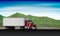 Classic truck driving on highway on background of green hills and sky, big rig semi truck with dry van on the road, vector