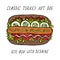 Classic Turkey Hot Dog on a Sesame Bun with Lettuce Salad, Tomato, Cucumber, Mustard, Ketchup. Street Fast Food Collection. Realis