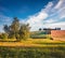 Classic Tuscan view with cypress trees. Picturesque summer scene of Italian countryside with copy space. Traveling concept backgro