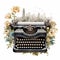 Classic typewriter adorned with intricate floral patterns against bustling urban backdrop