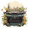 Classic typewriter adorned with intricate floral patterns against bustling urban backdrop