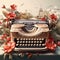 Classic typewriter adorned with intricate floral patterns against bustling urban backdrop