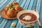 Classic Ukrainian borscht with garlic donuts.mass-produced products