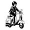 classic Vespa rider with helmet black and white line art