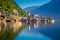 Classic view of Hallstatt at sunrise, Salzkammergut, Austria