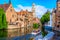 Classic view of the historic city center with canal in Brugge, West Flanders province, Belgium.