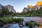 Classic view of Yosemite Valley at sunset in Yosemite National Park