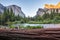 Classic view of Yosemite Valley at sunset in Yosemite National Park, California, USA.