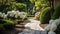 Classic and vintage pathway with green yard white rocks and flower bush