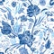 Classic vintage porcelain blue floral pattern. Royal hand drawn elegant baroque floral design.