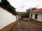 Classic white house walls and cobblestone streets in colonial historical village town of Barichara Santander Colombia